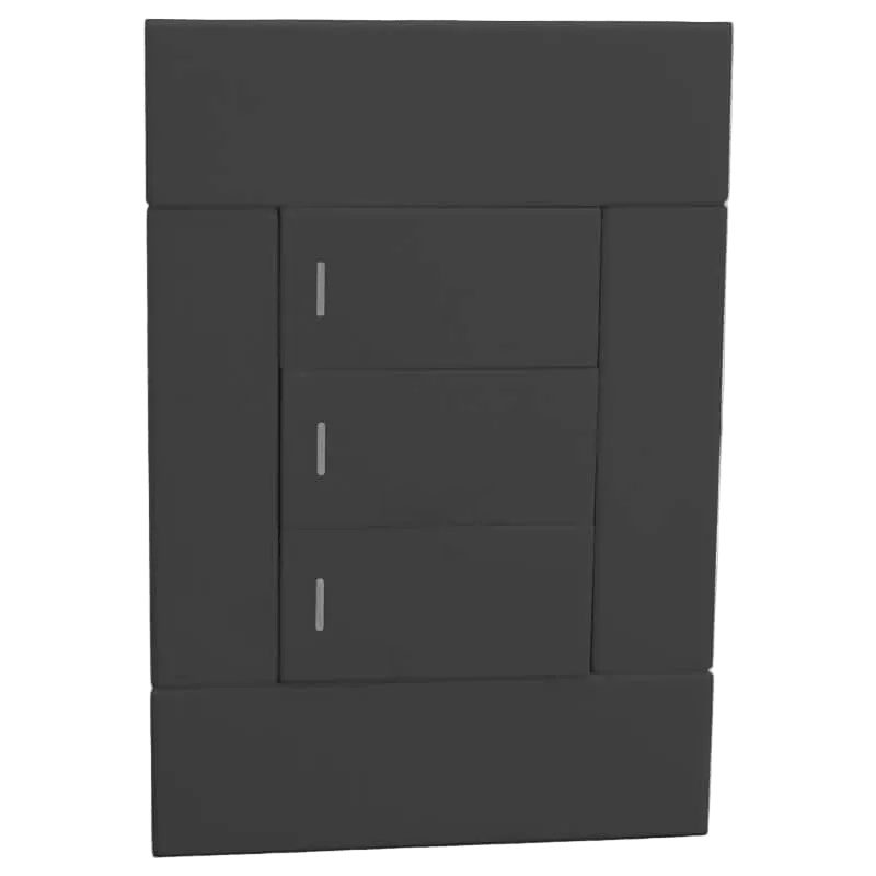 Charcoal three-lever wall switch with a smooth finish, featuring three vertical levers and a rectangular frame.
