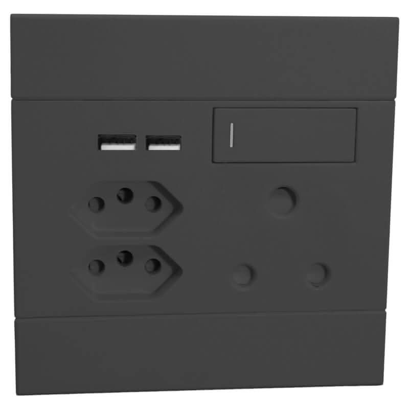 USB-C multi-plug used in a South African home office, laptop, phone, desk lamp and tablet charging neatly, realistic 800x800 workspace composition
