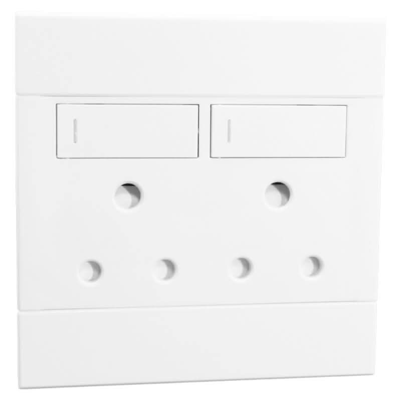 Modern white double wall socket outlet installed behind a TV cabinet with TV and soundbar plugs connected, tidy cable management, South African living room setting