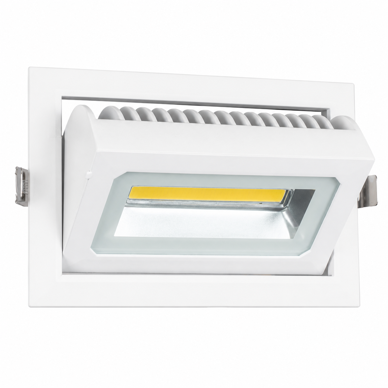 White rectangular 30W LED downlight with adjustable tilted head and glass-covered LED module