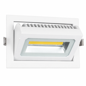 White rectangular 30W LED downlight with adjustable tilted head and glass-covered LED module
