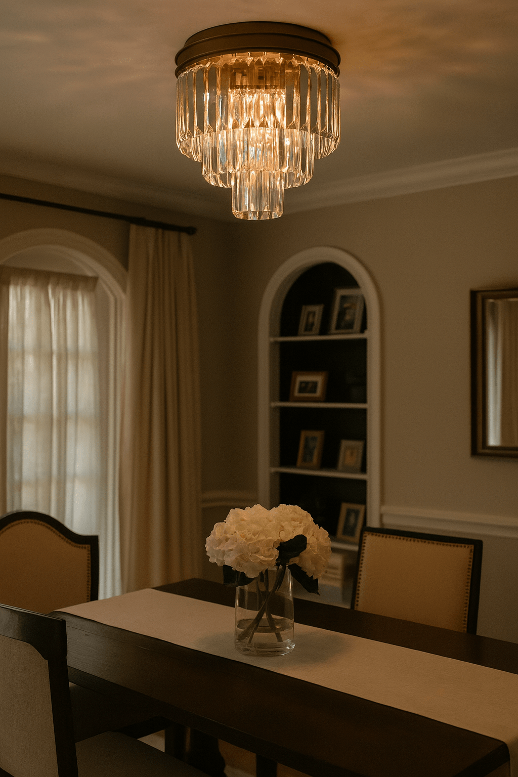 Lit satin gold flush ceiling light with clear crystals over a dark dining table in a softly lit room.