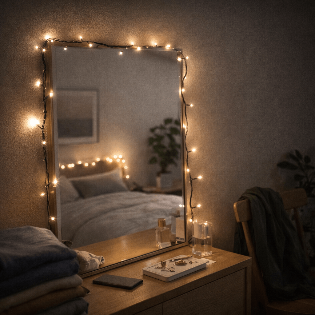 Decorative mirror with string lights on a dresser in a bedroom setting.