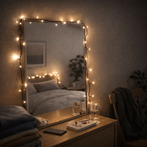 Decorative mirror with string lights on a dresser in a bedroom setting.