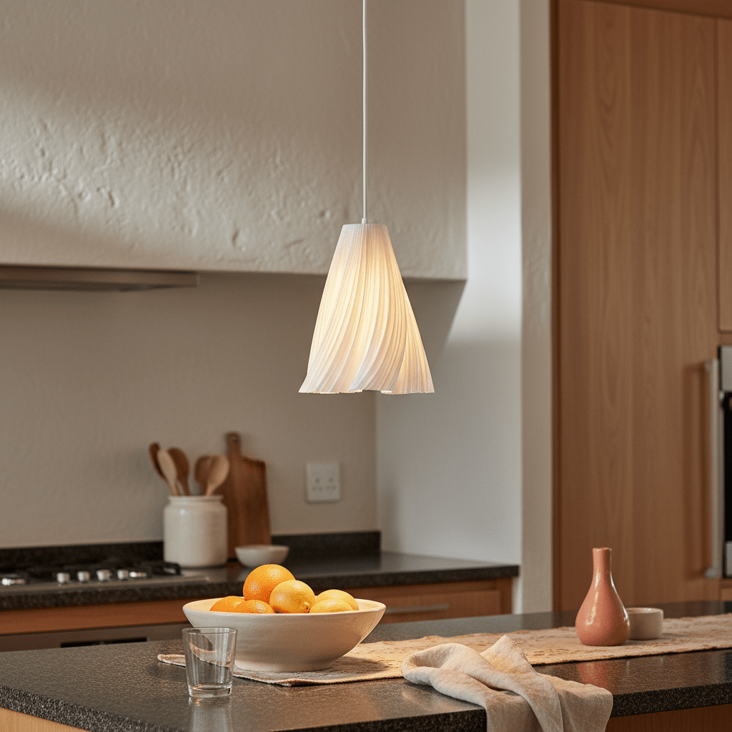 Stylish white pendant light hanging above a kitchen island with a bowl of fruit and decorative items.