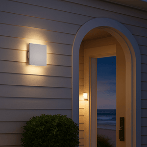 Modern square backlit LED wall light mounted beside an entrance, illuminating the wall softly.