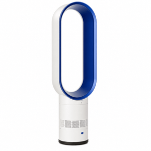 Bladeless oval desk fan with a sleek design, featuring a blue accent and a stable base.