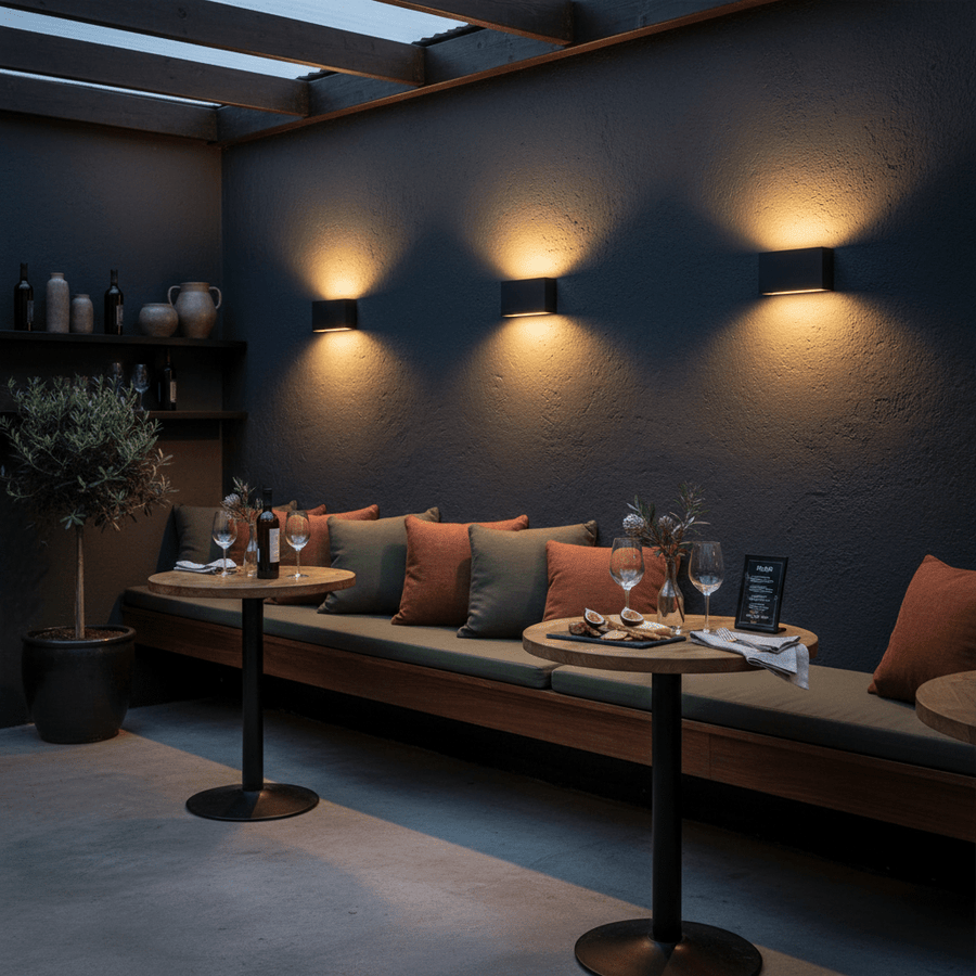 Outdoor wall light colour temperature guide for Cape Town homes, warm 3000K up and down wall light on textured exterior plaster, realistic beam spread and shadows, balanced 800x800 composition with muted blue and warm oak accents