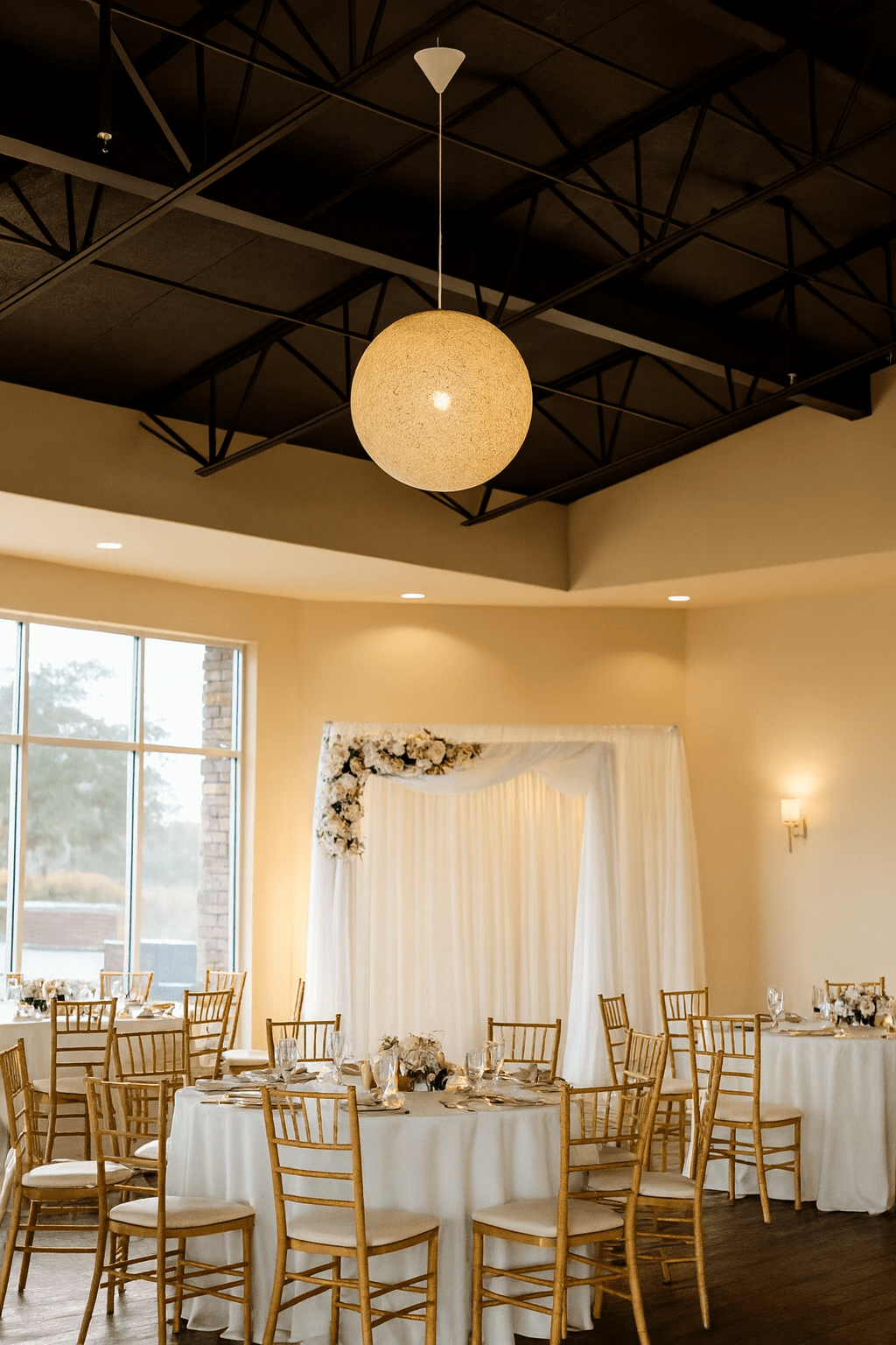 wedding event with tables, chairs, and a large hanging light fixture.