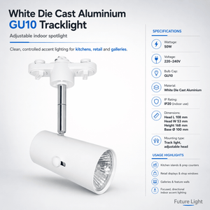 Close-up of a white die cast aluminium GU10 tracklight with adjustable head, showcasing its sleek design.