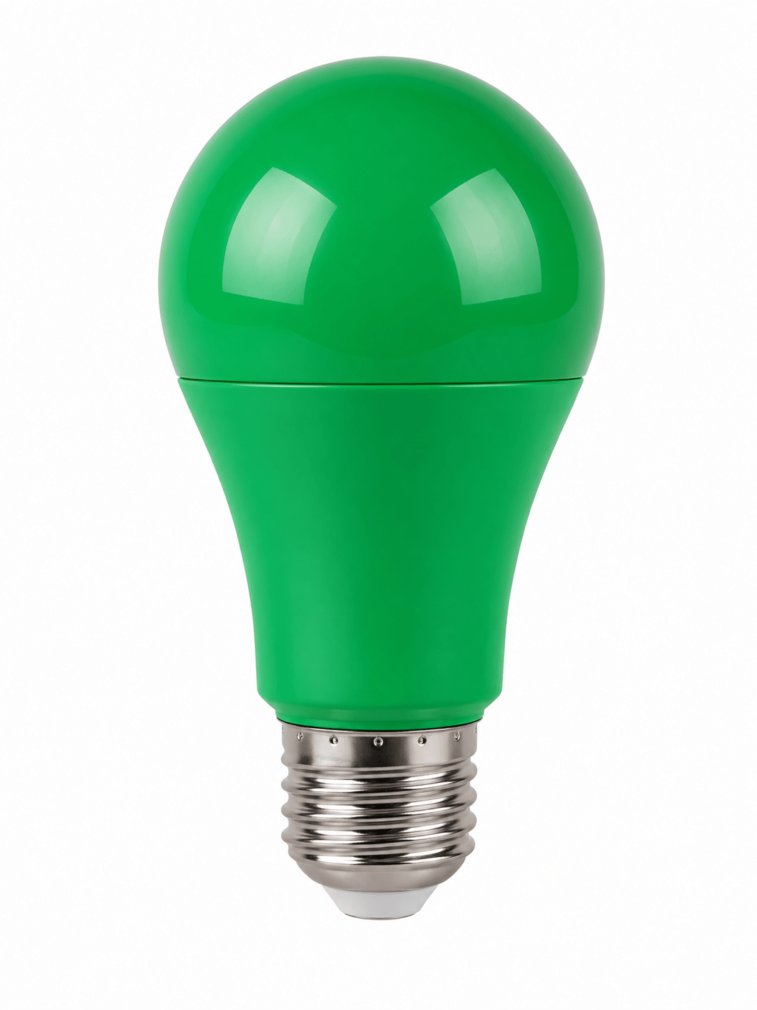 Green A60 LED bulb with E27 cap, designed for decorative indoor lighting.