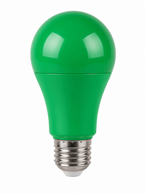 Green A60 LED bulb with E27 cap, designed for decorative indoor lighting.