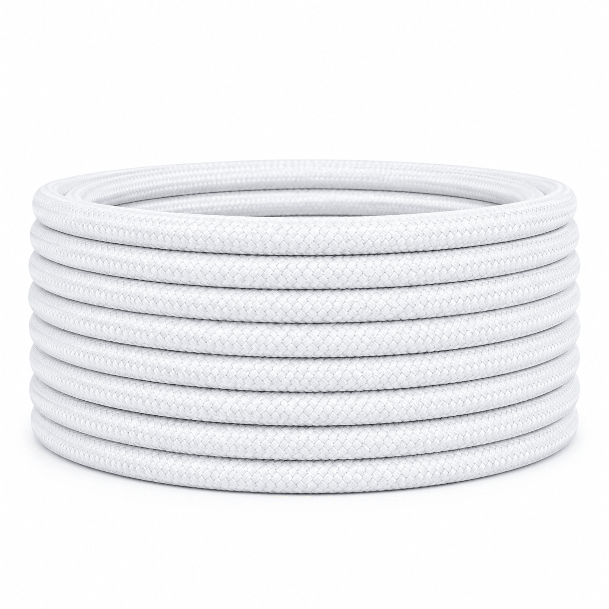 Coiled 10m white 2-core fabric cable, showcasing a flexible and decorative design.
