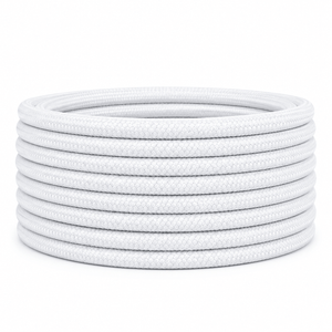 Coiled 10m white 2-core fabric cable, showcasing a flexible and decorative design.
