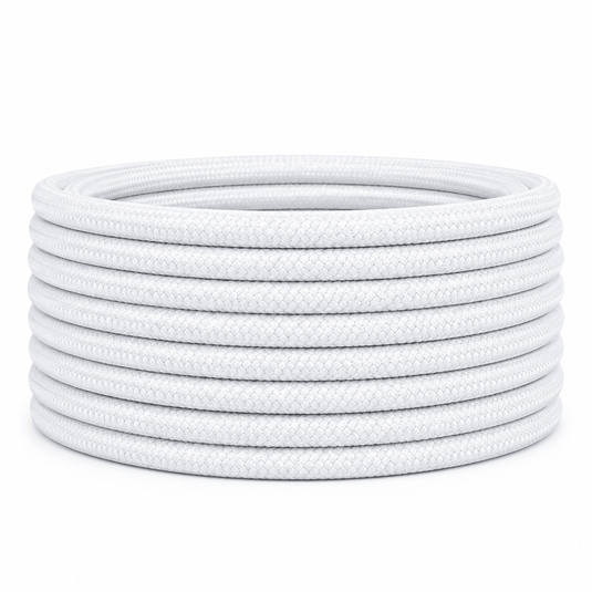 Coiled 10m white 2-core fabric cable, showcasing a flexible and decorative design.