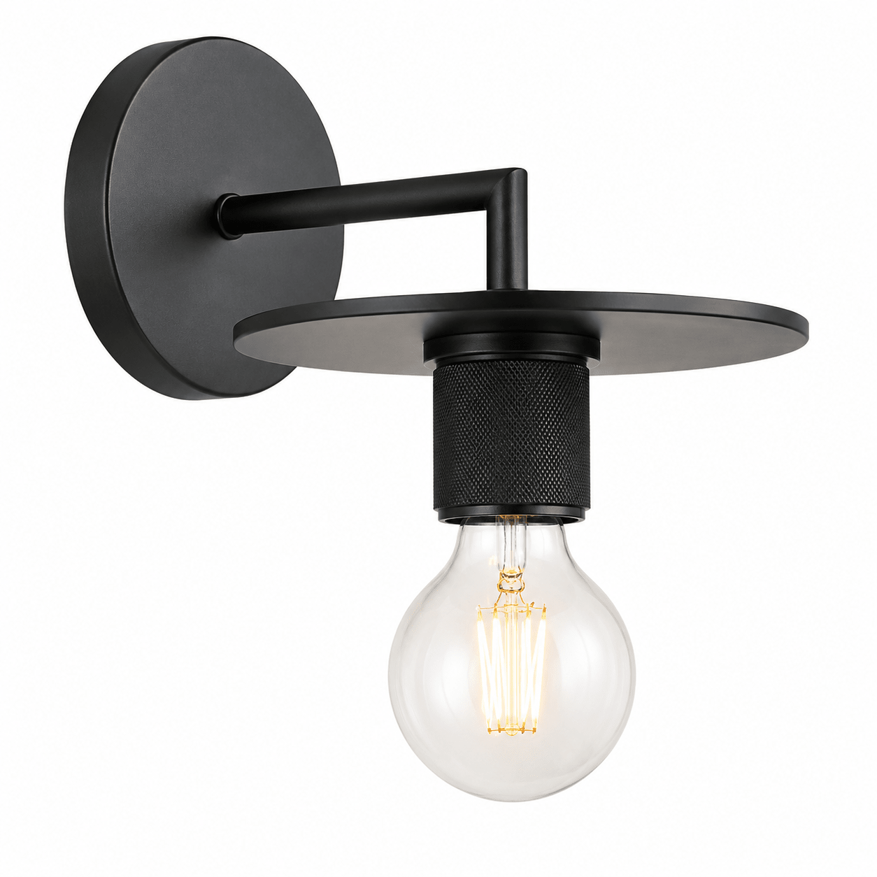 Modern black indoor wall light with a round backplate and exposed bulb, ideal for accent lighting.