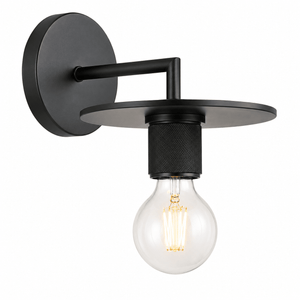 Modern black indoor wall light with a round backplate and exposed bulb, ideal for accent lighting.