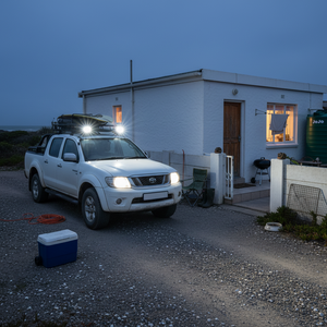 LED work light with black casing on a white background