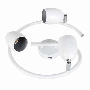 Three adjustable spotlight heads on a circular white ceiling mount, designed for GU10 bulbs.