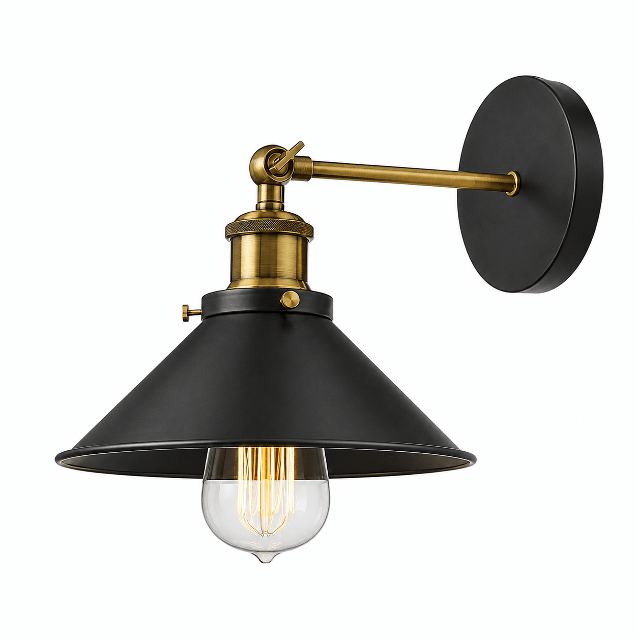 Rustic black and antique brass indoor wall light with a conical shade and exposed bulb.