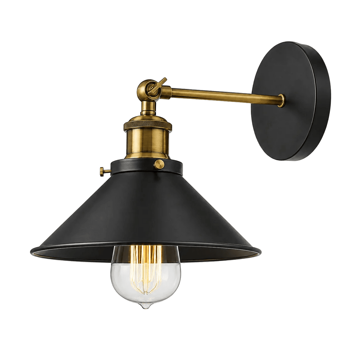 Rustic black conical shade with antique brass arm and exposed filament bulb on a circular wall plate.