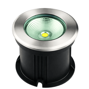 Round LED ground light with a silver metal bezel and a black plastic base, featuring a textured glass lens.