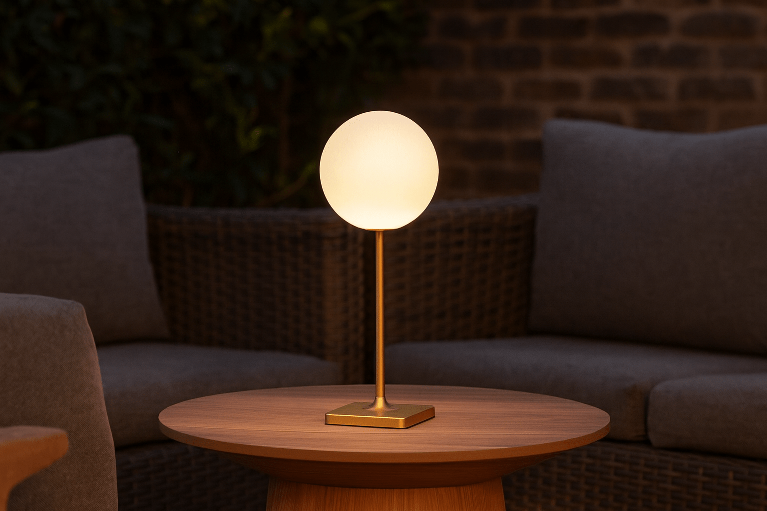 Table lamp on a wooden table with a blurred outdoor background