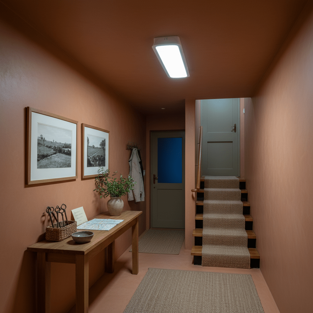 LED emergency light installed in a warm-toned stairwell, illuminating the space with a neat flush design.