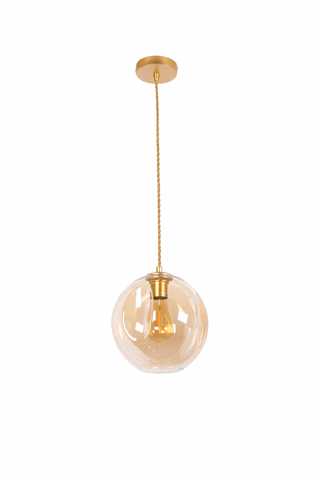 Pendant light with glass shade and gold fixture on a white background