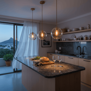 Three amber glass pendant lights hang above a kitchen island with a scenic view outside.