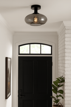 Smokey orb ceiling light mounted in a stylish entrance hall with a black door and potted plant.
