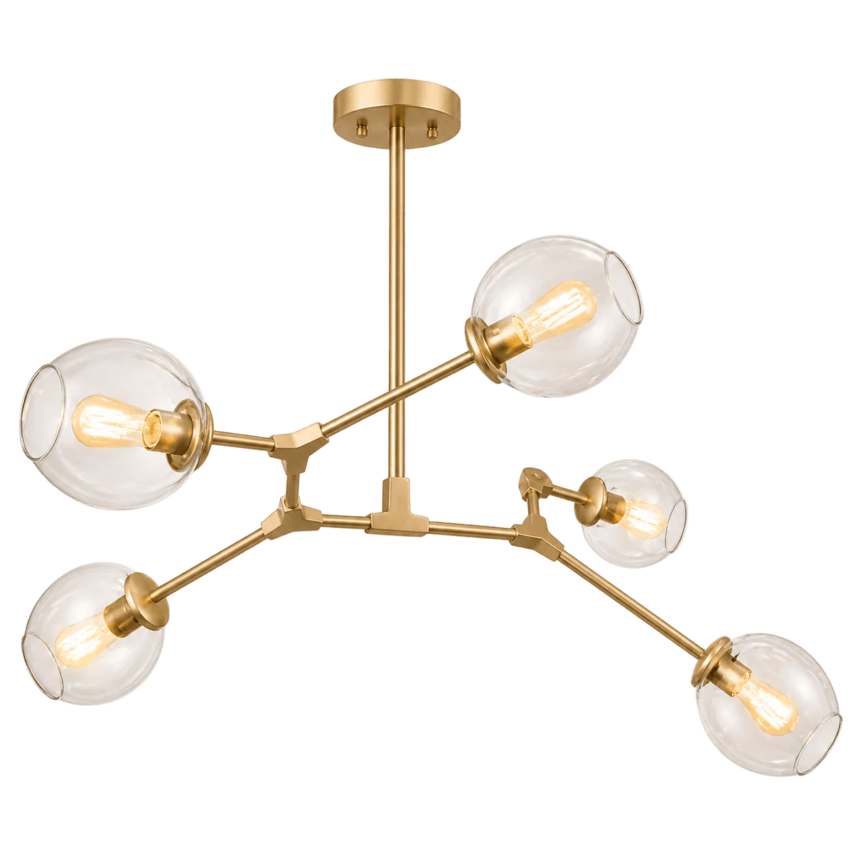 Gold pendant light with five clear glass globes, arranged asymmetrically on slender arms.