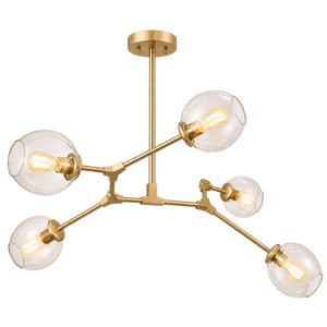 Gold pendant light with five clear glass globes, arranged asymmetrically on slender arms.