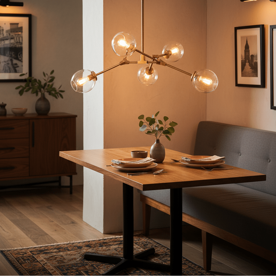 Ratanda 5 Light Gold Pendant hanging above a wooden dining table set with plates and cutlery.