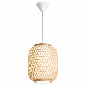 Woven pendant light with a white ceiling fixture on a white background