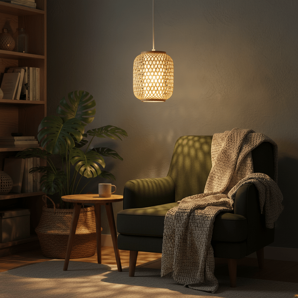 Twine pendant light hanging above a cozy armchair with a blanket and a small table.