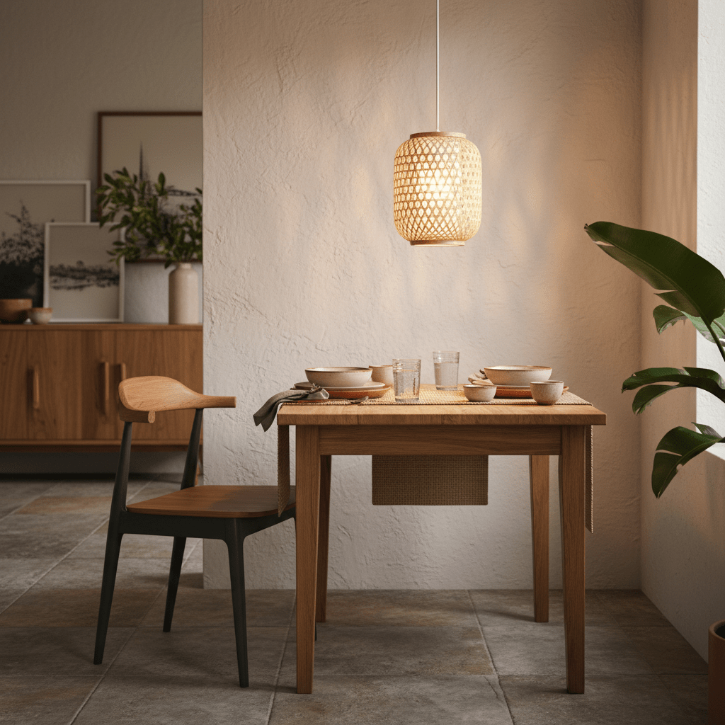 Natural twine pendant light hanging above a wooden dining table set with dishes and glasses.