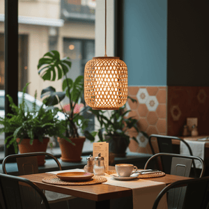 Natural twine pendant light hanging above a dining table set with a plate and coffee cup, surrounded by plants.