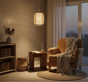 A cozy reading corner featuring the Twine Pendant Light above a warm armchair and side table.