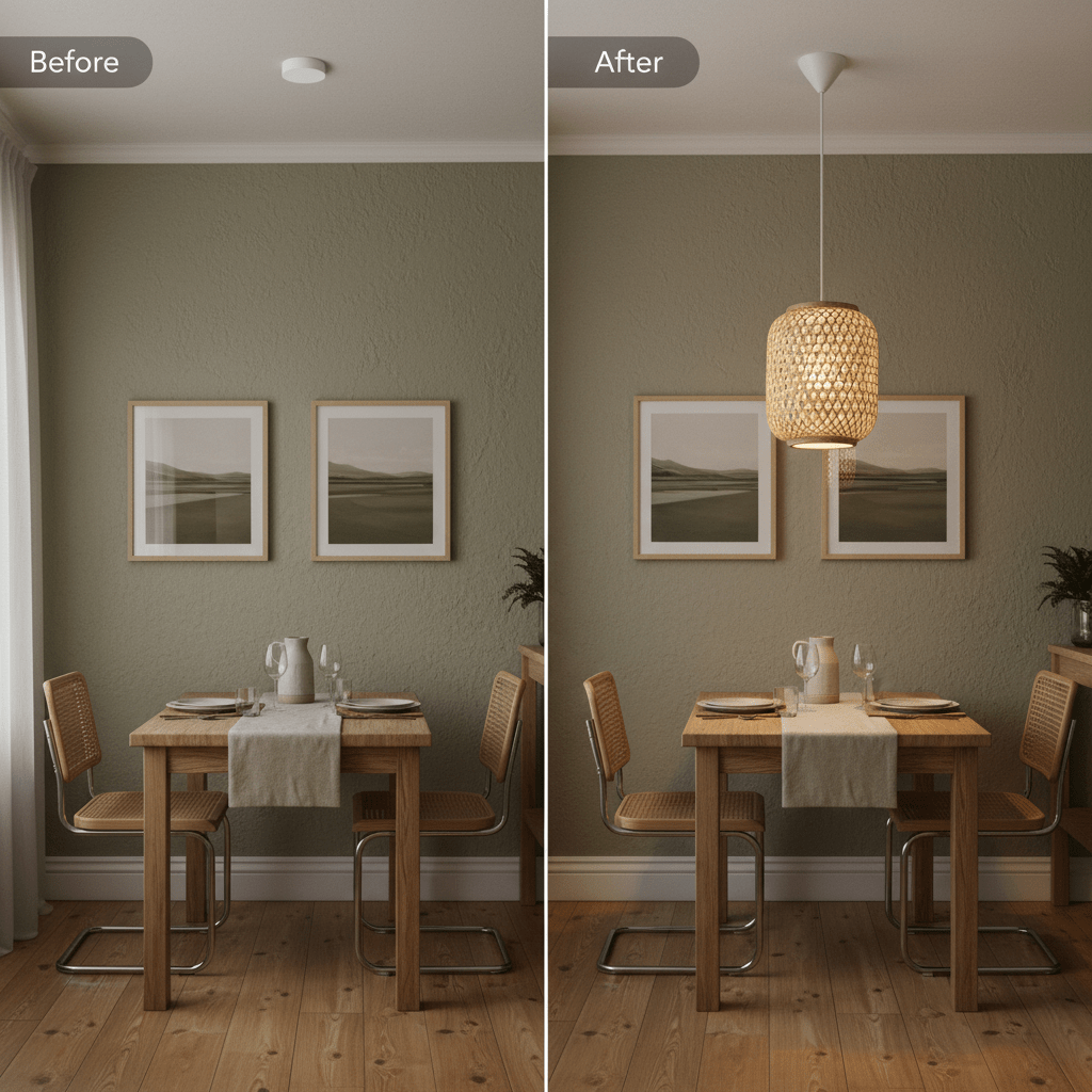 Before and after comparison of a dining area featuring the Twine Pendant Natural light fixture.