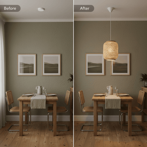Before and after comparison of a dining area featuring the Twine Pendant Natural light fixture.