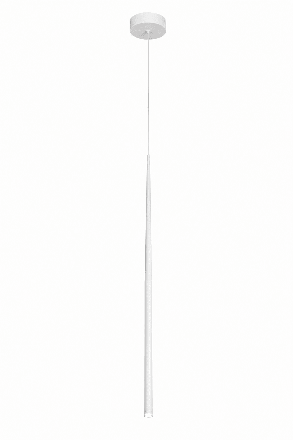 Sleek white LED baton pendant light with adjustable height, ideal for modern interiors.