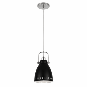 Black pendant light with silver fixture on a white background