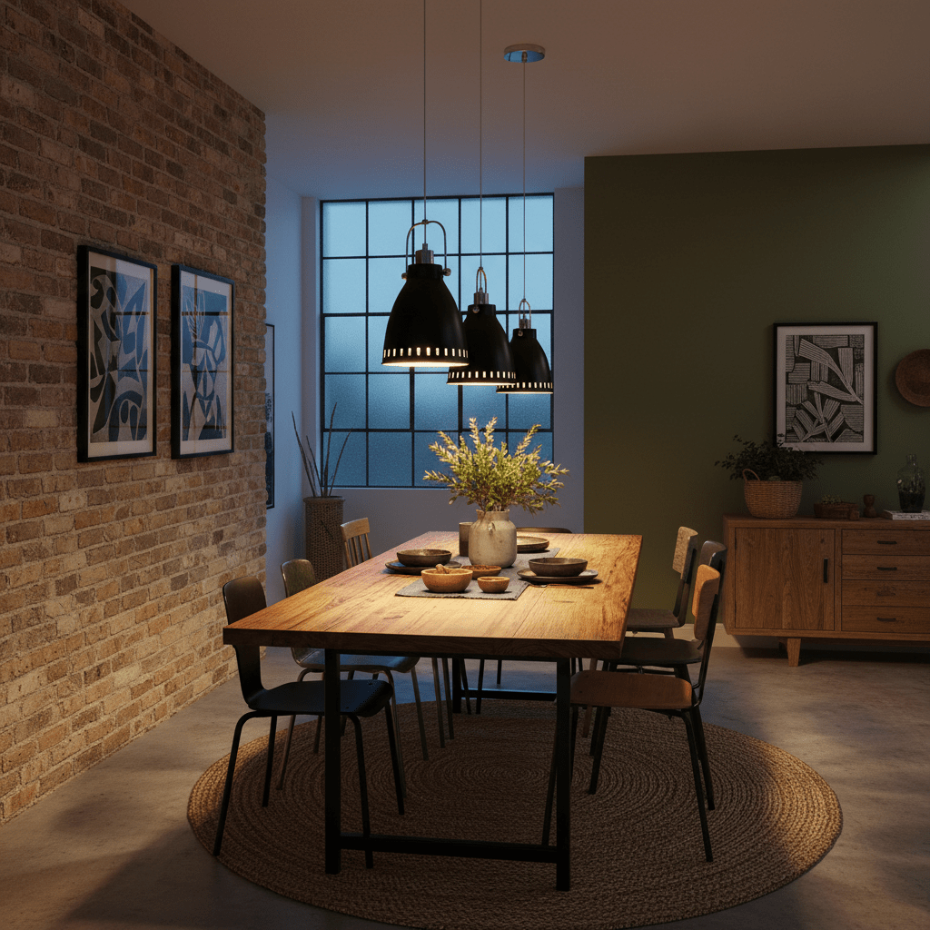Kitchen island pendant light spacing in a Cape Town home, three pendants evenly spaced over long island, warm LED lighting, realistic 800x800 open-plan kitchen composition with timber and stone accents
