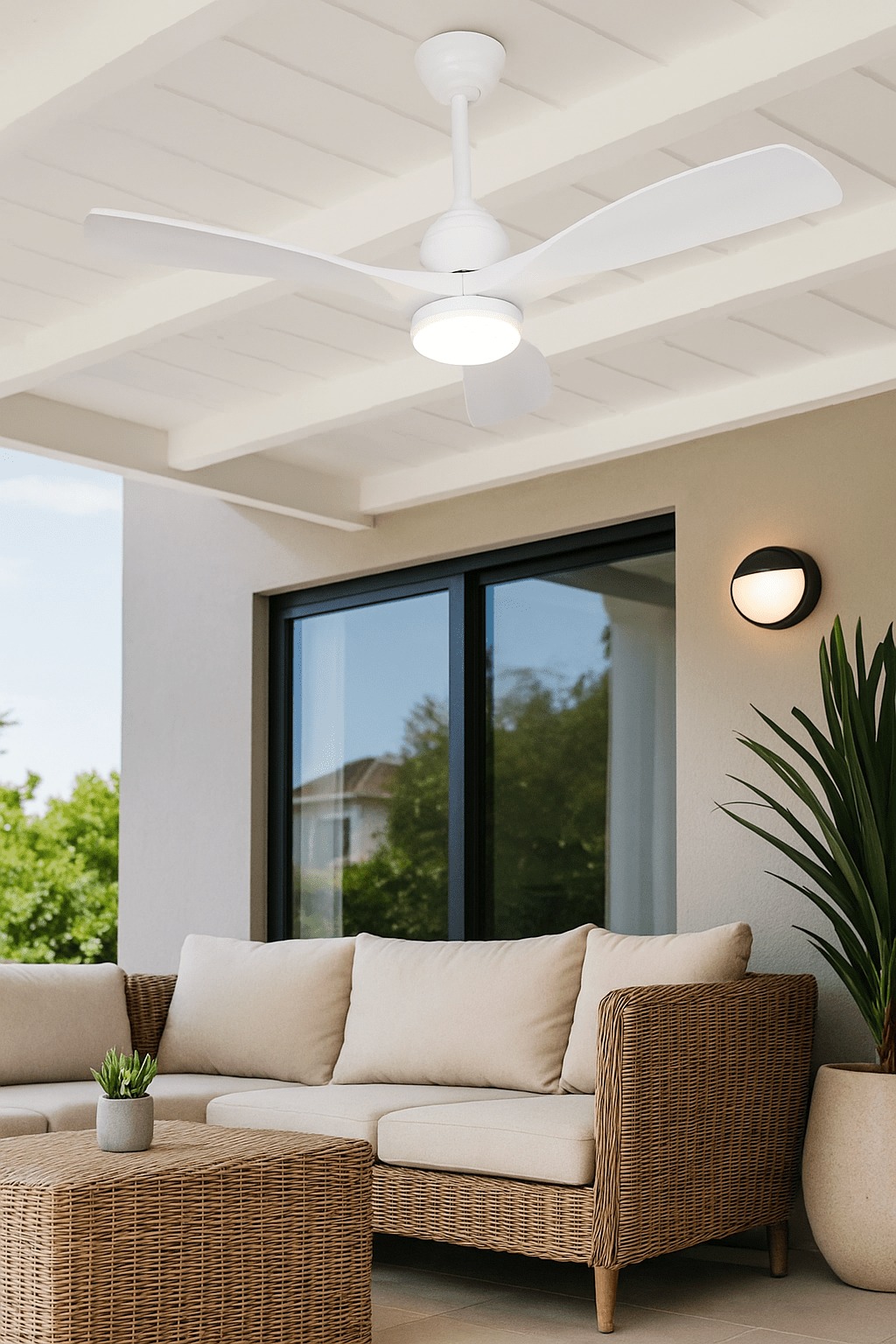 White outdoor ceiling fan installed above a cozy patio seating area with a coffee table and potted plant.