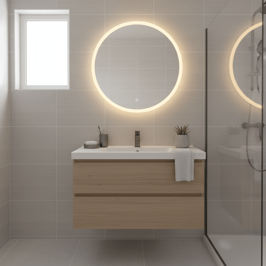 Large round warm white LED mirror above a wooden vanity in a grey tiled bathroom.