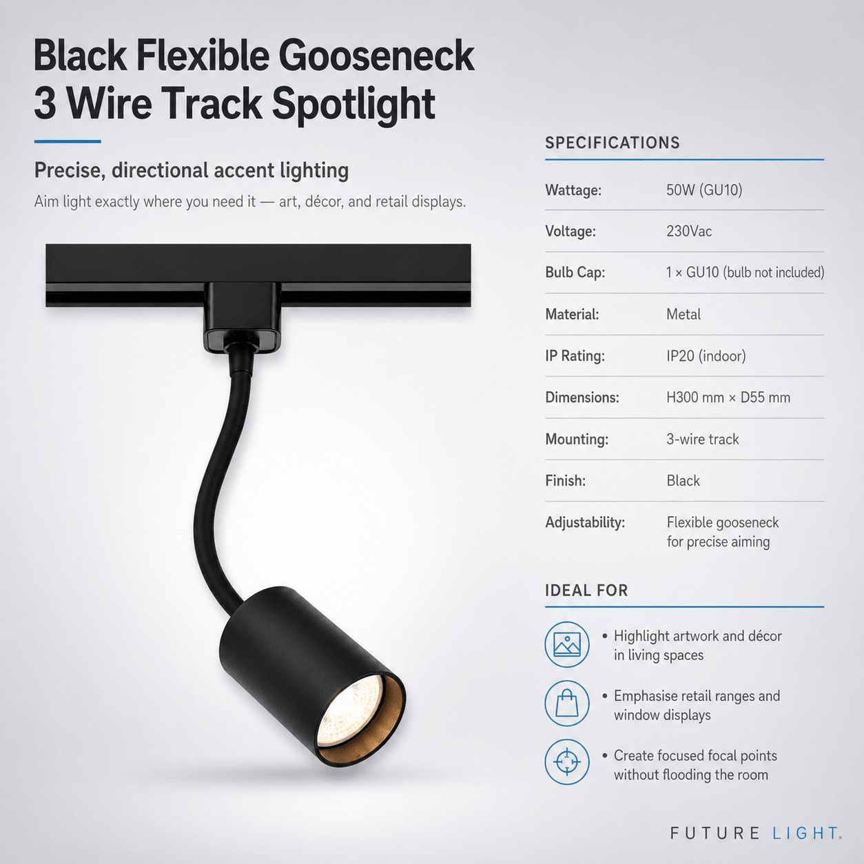 Black Flexible Gooseneck 3 Wire Track Spotlight