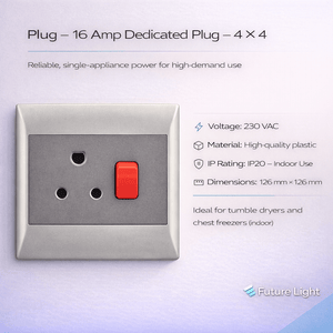 Close-up of a 16 Amp dedicated plug socket with a red switch, showcasing its design and specifications.
