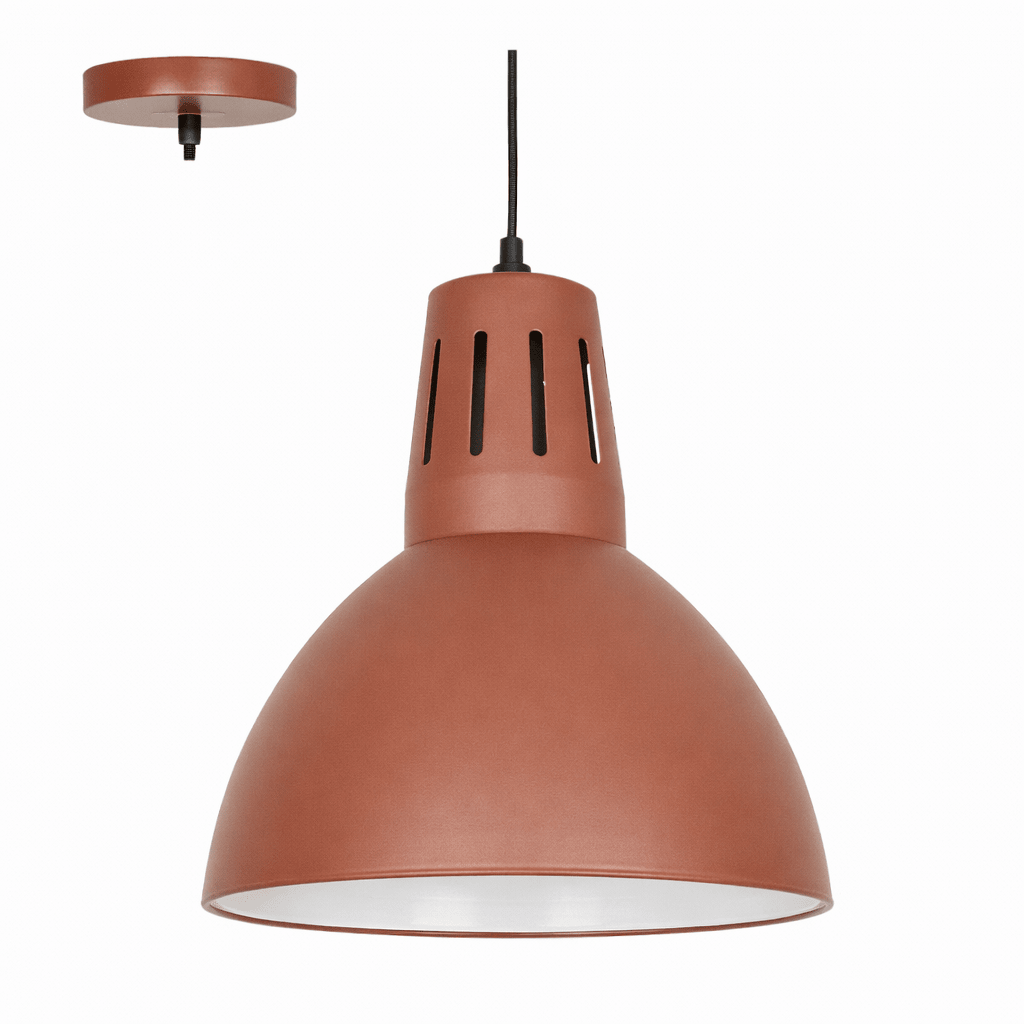 Brown pendant light with a white interior on a white background