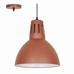 Brown pendant light with a white interior on a white background